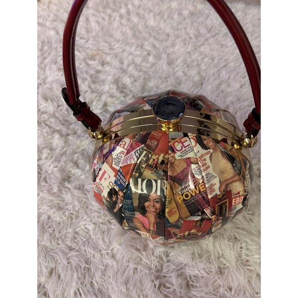 Michelle Obama Collage Round Handbag With Red Handle & Gold Accents - Statement - Picture 15 of 16